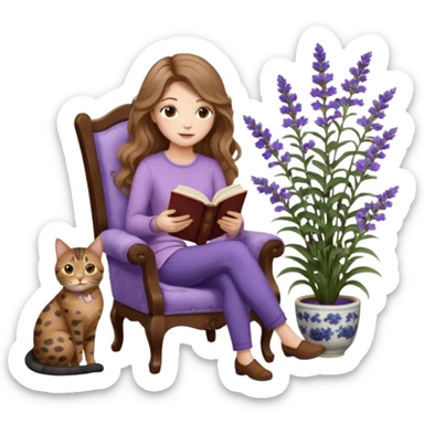 detailed emoji of a woman with long light brown wavy hair and light brown eyes reading a book, sitting on a comfortable reading chair, with a black cat and a brown spotted cat beside her, small table next to the chair with a coffee cup on it, in a garden filled with lavender flowers sticker