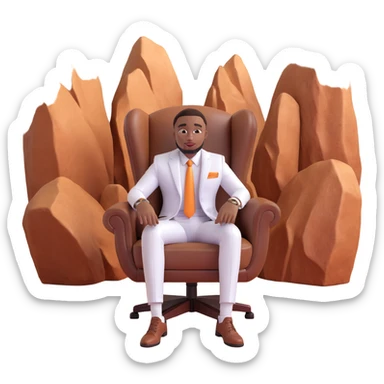 cartoon emoji of Davido sitting in a brown leather chair, wearing a white suit, with a desert background and rocky formations, confident and expressive sticker