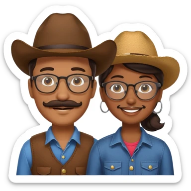 White brown cow boy with glasses and mustache with black girl sticker