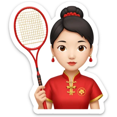 ancient geongsam girl with 1 badminton racket, red sticker