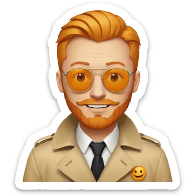 ginger with a trenchcoat with a yellow smiley pin, orange slicked back hair, and an orange chin beard with sunglasses sticker