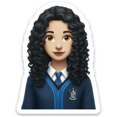Hyper realistic White girl with long black curly hair wearing a ravenclaw school inform sticker