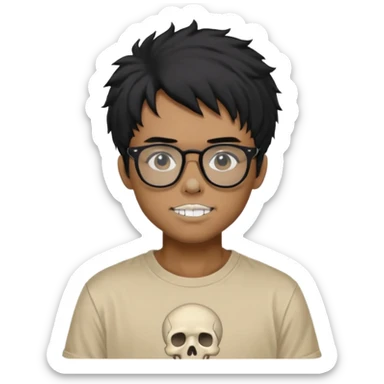 black anime hair guy with skeleton makeup wearing a stussy tshirt with glasses sticker