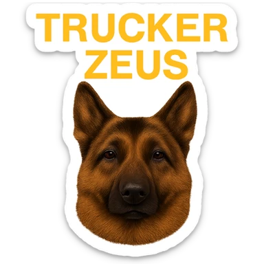 Make the image background transparent while keeping the realistic German Shepherd and the yellow 'Trucker Zeus' text intact. Ensure the file size is under 1MB. sticker
