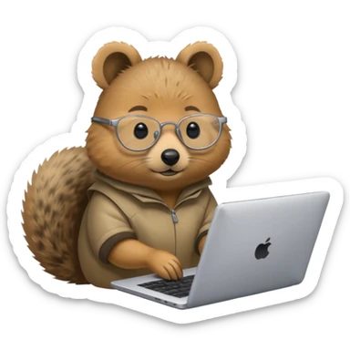Silver-rimmed, bespectacled front quokka working on a laptop sticker