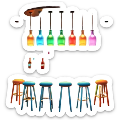 A 3D cartoon bar interior with a counter, glowing shelves of colorful bottles, tall stools, and hanging lights, warm ambient lighting, realistic reflections, Memoji-style. sticker