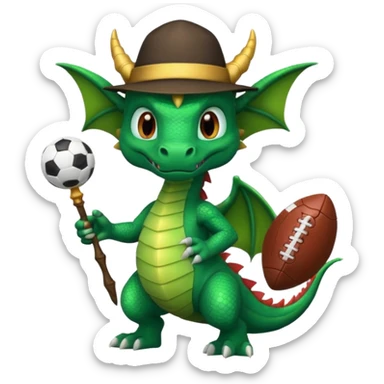 ein Drache mit einem Zauberstab in der Hand  und einen Hud  auf dem kopf,ein Fussball in der anderen hand sticker