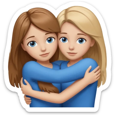 two Girls, Brown and Blonde hair, with Blue Eyes hugging one has Brown hair sticker