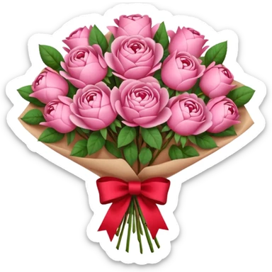 Bouquet of pink flower like rose and peony wrapped in kraft paper with red bow sticker