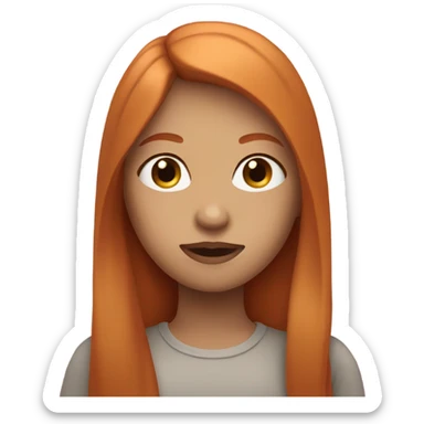 A girl has ginger, straight long hair. Her lips are big and pink sticker