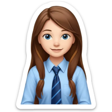 high school class room with a pretty female high school student with long brown hair, blue eyes, wearing a tie, sitting in front of the blackboard sticker