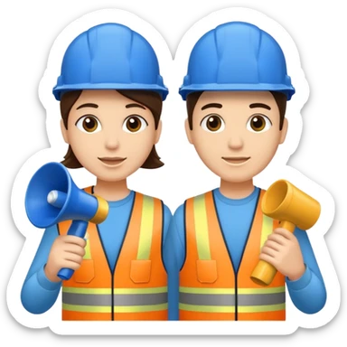 Duas pessoas com capacete de obras azul e um megafone na mão sticker