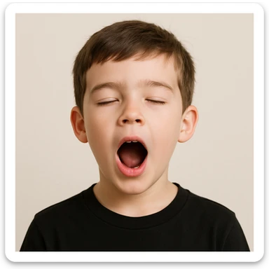 front image of a white boy with brown hair, semi-closed eyes, wide open mouth, black shirt, simple clean style, clear facial features sticker