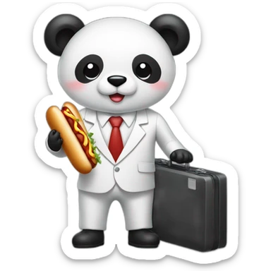 A professor with white suit and red tie and a panda face eating a hotdog and holding a black suitcase sticker