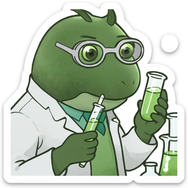 chemist in lab coat with chemical goggles holding a test tube, background with a board of chemical elements, bufo frog meme style, no text sticker