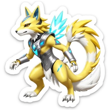 Modern futuristic shiny colorful Lombax-Zeraora-Renamon-fusion (full body) sticker