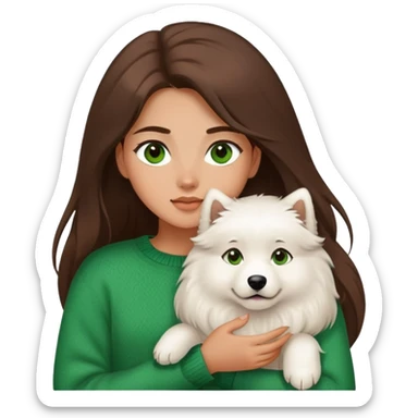 A brunette girl with long hair and green eyes, and wearing a brown sweater, holding a samoyed with Brown eyes sticker