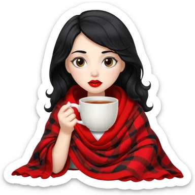 Long wavy Black haired, white skinned, black big eyed girl with red lipstick wrapped in a blanket, sipping tea sticker