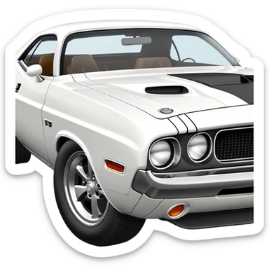 White 1971 Dodge Challenger with precise structure and proportions, consistent 30-degree angle view, showing detailed front fender and side profile, pure white color, iOS emoji style sticker