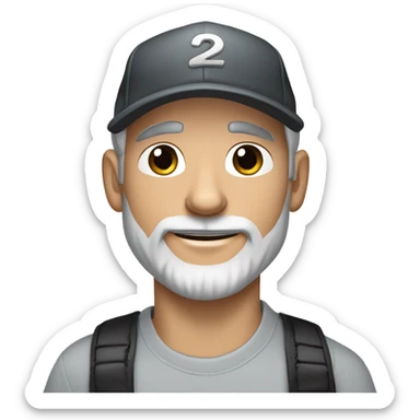 Handsome blue eyed man, with grey hair, and grey goatee beard, wearing ball cap and holding a black long hair chihuahua  sticker