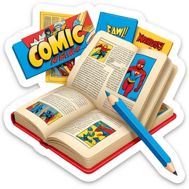Create a vibrant emoji representing comic books and graphic novels. The design should feature a large, open comic book or vintage comic magazine with pages displaying classic comic art, with text. The comic pages should have bold, dynamic panels and action scenes. Include a pencil writing on the pages, but without a hand, to symbolize the artistic creation of comics. Use bright colors like red, blue, and yellow, with a retro feel to the design. Make the background transparent. sticker