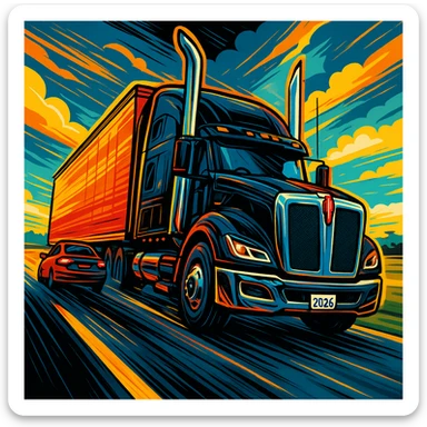 Edit the image of a 2026 Kenworth W680 sleeper semi truck, black with chrome exhaust stacks, driving down the road with a car in front. Render in a dramatic and cartoonish style with dynamic angle, bold colors, and clear details in the scene. sticker