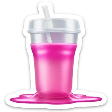 spilled sippy cup with pink liquid and a distorted reflection sticker
