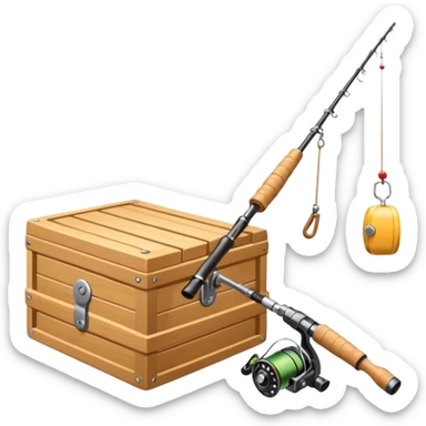 A fishing rod with reel and line neatly coiled beside a bait box. sticker