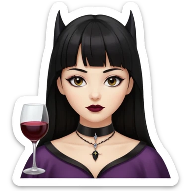 mulher cabelos pretos longos e lisos com uma franja curta acima dos olhos, olhos pretos com delineado, expressão séria, com um sorriso sensual e lábios cor de vinho, ela usa uma gargantilha preta com um pequeno pingente de morcego preto sticker