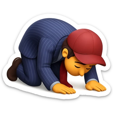 Transform the man in the reference image into an emoji-style character kneeling down and bowing deeply to the ground with arms and forehead touching the floor, expressing apology or deep respect. The style should be about 70% realistic but still clear, bold, and expressive like standard emojis, capturing the emotion vividly. sticker