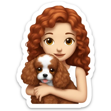 A white girl with long red-brown hair hugging a cute small red brown toy poodle puppy  sticker