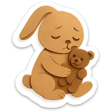 flawless, highly detailed, high quality paper craft style illustration of a caramel-colored bunny holding a teddy bear, eyes drooping, perfect proportions, no imperfections, intricate textures, soft lighting, delicate cut-paper details sticker