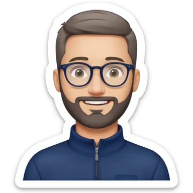 Fair-skinned broader man with oval face, very tight haircut (almost shaved on top, faded sides), short salt and pepper beard, big black-rimmed glasses, friendly smile, navy blue quarter-zip sweatshirt with long sleeves sticker