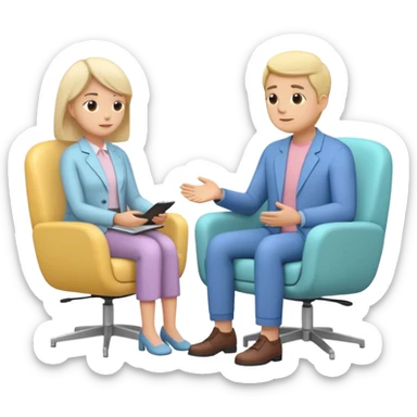 simplified human character sitting in a chair talking calmly with a psychologist, therapist listening attentively, safe and supportive atmosphere, mental health session, flat custom emoji sticker, pastel colors, rounded shapes, minimal details, thick outline, white background, no text sticker