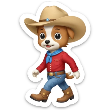 Steampunk a very cute and adorable anthropomorphic puppy with a cowboy hat ,red shirt and blue jeans and white boots is walking  sticker