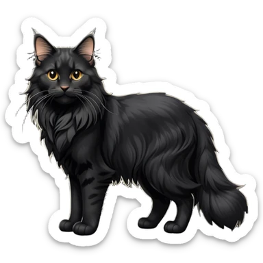 cinematic-black-maine-coon-cat-full-body-on all fours-emoji,-head-tilted-playfully-and-inquisitively,-sleek-solid black-fur,-simplified-yet-adorable-features,-highly-detailed,-glowing-with-a-warm,-friendly-glow -simplified-yet-realistic sticker