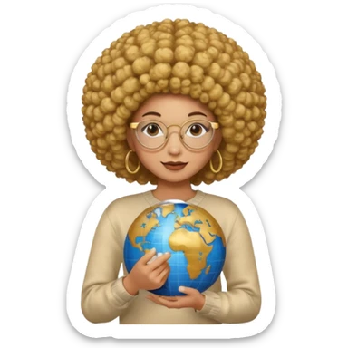 a young woman wearing gold round glasses and afro hair, she has medium/mate skin, she's wearing a sweater and she's holding a globe in her hand sticker