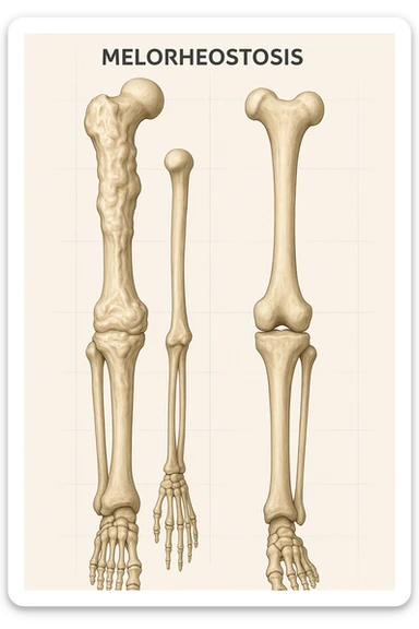 A highly realistic medical illustration focusing on a human arm and leg bones affected by melorheostosis. The bones appear visibly thickened, irregular, and larger than normal, with clear, layered bone growth resembling melted wax dripping down the side of the bones. The image shows a side-by-side comparison with a healthy bone for clarity, highlighting the difference in size and texture. The color palette includes neutral bone colors with subtle shading to show the abnormal contours and ridges. The background is clean and minimalistic, with faint anatomical grid lines for a scientific, educational feel. The overall mood is informative and precise, conveying the key visual characteristic of melorheostosis: progressive bone thickening that makes bones visibly larger and irregular. in italiano sticker