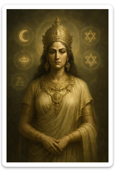goddess, ancient, regal, gold jewelry, mystical symbols, divine presence sticker