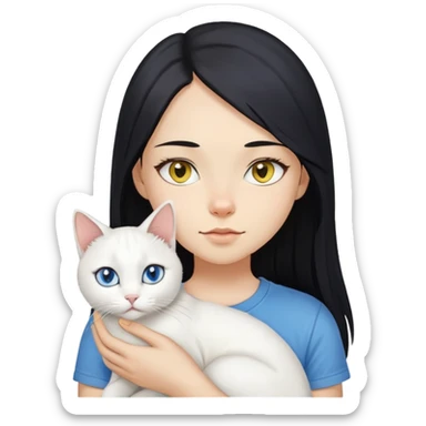 A girl with long black hair, fair-yellow skin, and brown eyes, wearing a white T-shirt, holding a white cat. The cat’s left eye is blue and its right eye is yellow. sticker