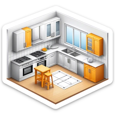 Icon for Furniture Design: a kitchen layout with a detailed sketch of a kitchen set, design tools like a ruler and pencil, and a 3D model of the kitchen being developed. The icon should represent the process of designing kitchen furniture. Transparent background. sticker