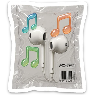pair of white EarPods with three floating glass music notes in soft gradient colors, glossy and inflated sticker