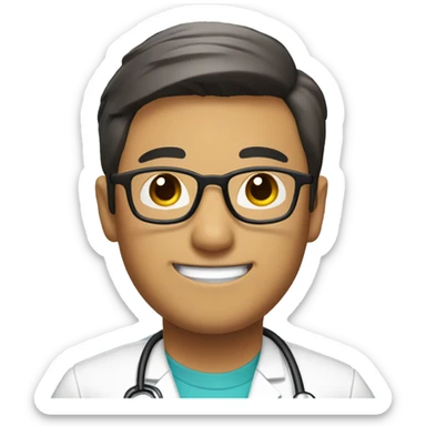 Asian (brown) doctor with round glasses, a short beard, nice hair, nice smile, brown eyes. Just the face please.  sticker
