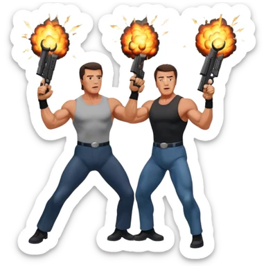 Arnold Schwarzenegger and Sylvester Stallone, explosions, weapons. The design should capture the high-energy, dynamic nature of their films. Transparent background. sticker