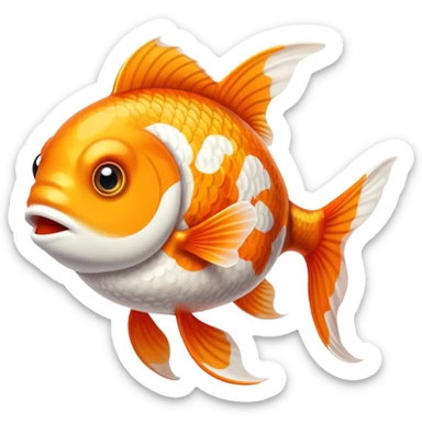 Cinematic Comical Orange and White Goldfish Portrait Emoji, Head tilted dramatically with an exaggeratedly amused expression, featuring a striking body with bold orange and white patterns, wide, expressive golden eyes filled with playful disbelief, Simplified yet hilariously expressive features, highly detailed, glowing with a slightly sassy glow, high shine, dramatic yet playful, stylized with an air of cheeky mischief, bright and endearing, soft glowing outline, capturing the essence of a spirited and over-the-top goldfish, so meme-worthy it feels like it could side-eye its way into internet fame instantly! sticker