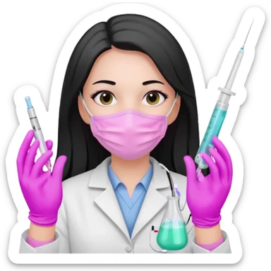 laboratorista con guantes rosa pastel y mascarilla rosa pastel jeringa tubo laboratorio sin lentes pelo lacio negro y largo sticker