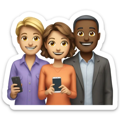 group with three happy person with a smartphone showing charts sticker