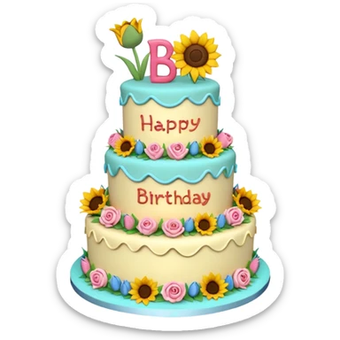 A large three teir cake with top layer decorated with roses, middle with Sunflowers and bottom layerwith Tulips and Happy Birthday Dear written on top. sticker