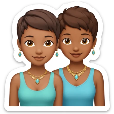 One black girl and one light brown girl and brown colored besties with brown hair pixie cuts wearing jewelry  both brown hair  sticker