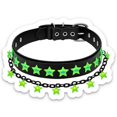 black iridescent thick plastic embroidered collar with neon-green stars and lime-green chains on it   sticker